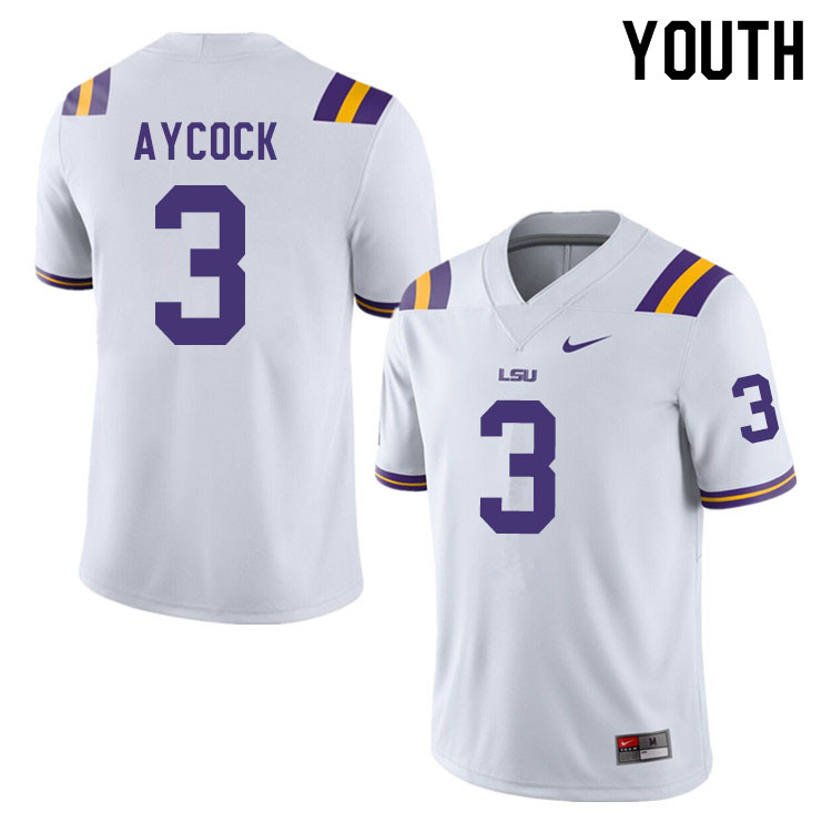 Youth #3 AJ Aycock LSU Tigers College Football Jerseys Sale-White - Click Image to Close